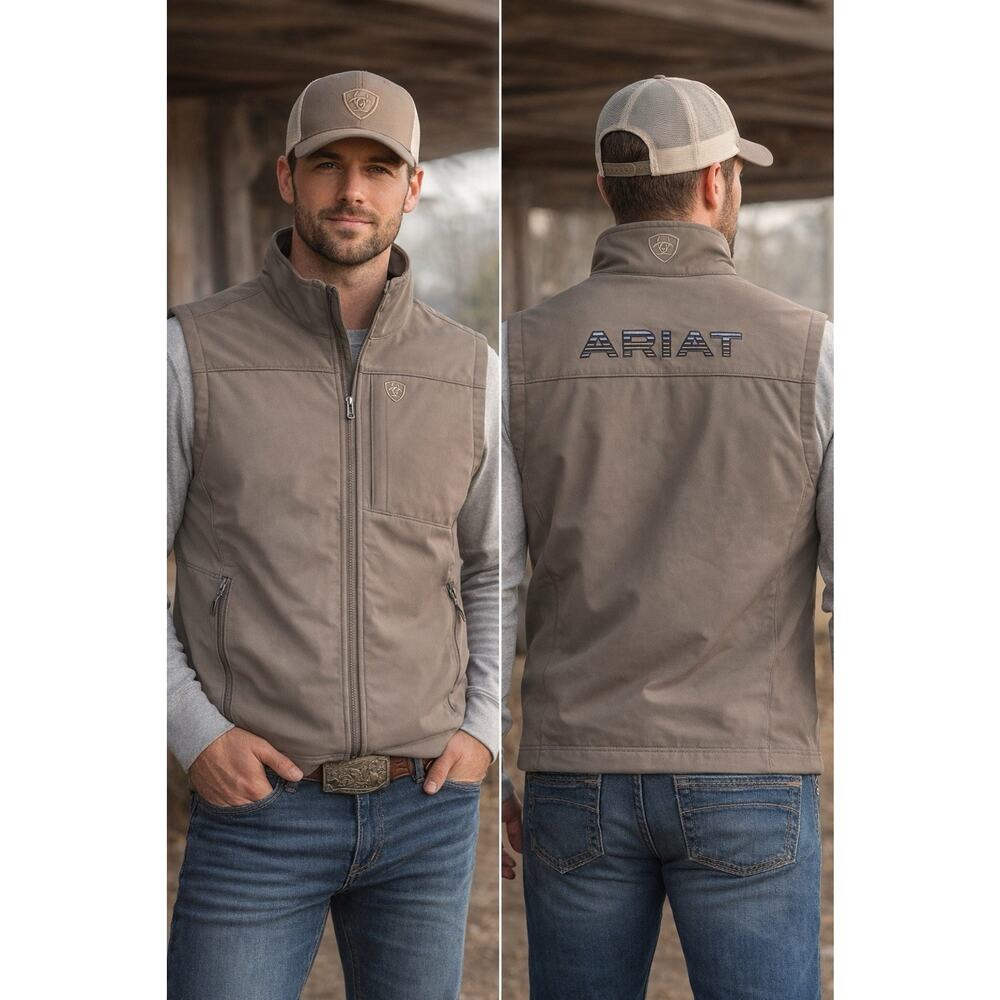 Ariat Mens Logo 2.0 Softshell Vest Brown XXL Embroidered Western Full Zip